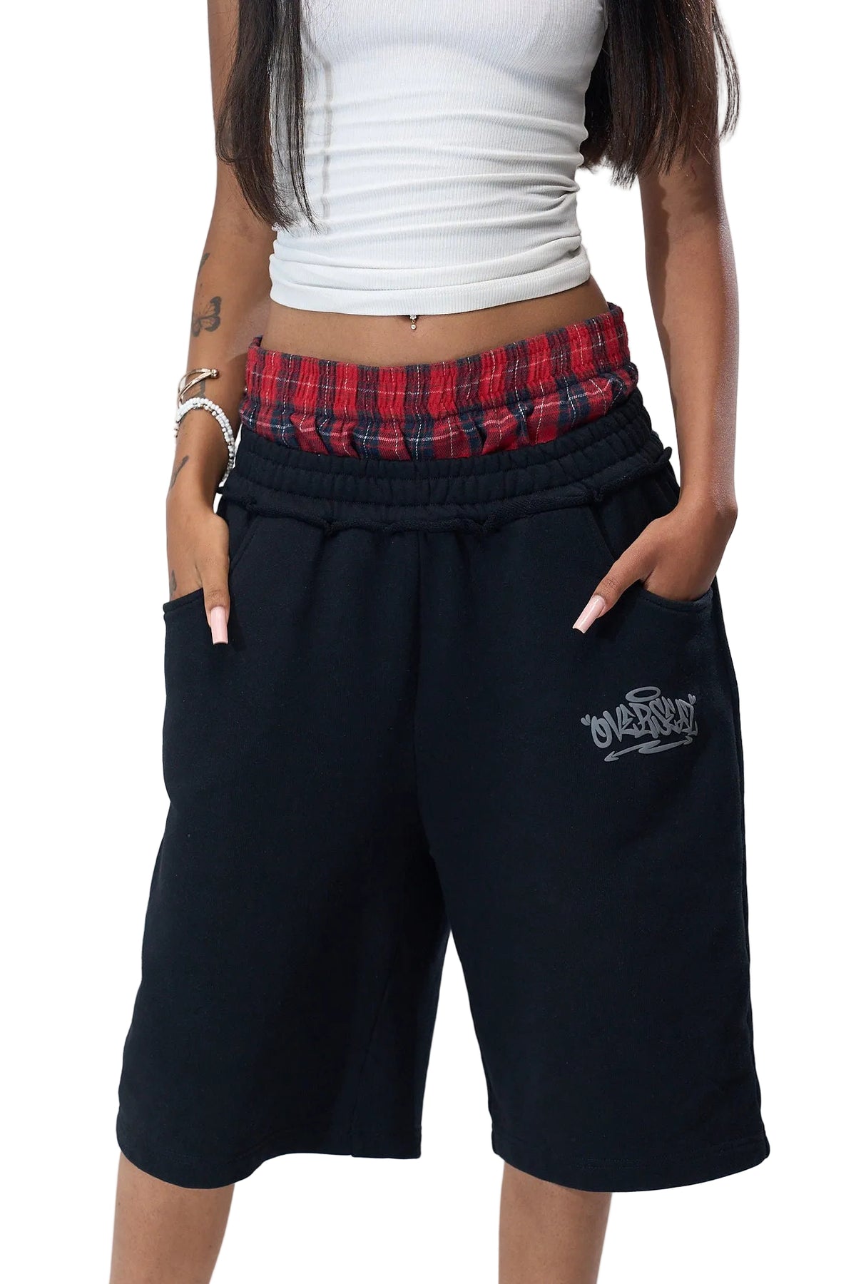 OVERSEAZ PLAID DOUBLE WAISTBAND SHORTS